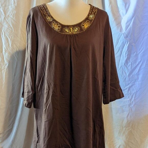 🆕NWT LIZ & CO BROWN 3/4 SLEEVE TUNIC TOP 14/16W - Picture 1 of 11
